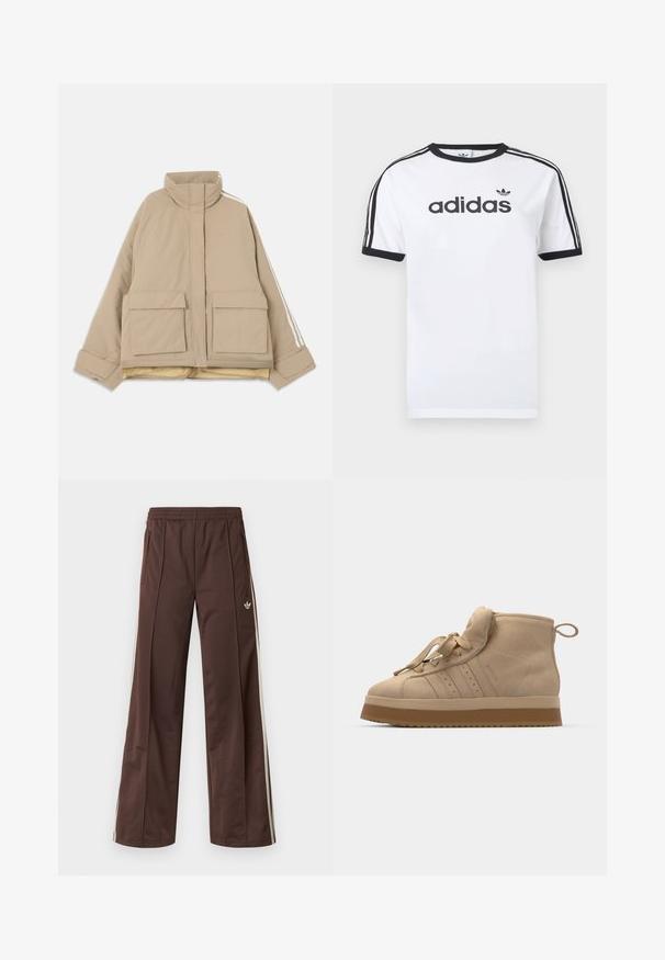 Beige gesteppte Jacke mit Stehkragen, zwei großen vorderen Klappentaschen und weißen Streifen, die an den Ärmeln entlanglaufen, vor hellem Hintergrund.; Weißes Baumwoll-T-Shirt mit schwarzen Akzenten, verfügt über einen Rundhalsausschnitt, kurze Ärmel, drei schwarze Streifen auf den Schultern und das "adidas"-Logo in Schwarz.; Braune Sporthose mit weitem Bein, weißen Seitenstreifen, elastischem Bund und zwei Seitentaschen. Mit kleinem Logo am Bein.; Beige Wildleder-Hochtop-Sneaker mit einer dicken Gummisohle, ausgestattet mit einer umklappbaren Zunge, runder Spitze und dekorativen Schnürsenkeln.
