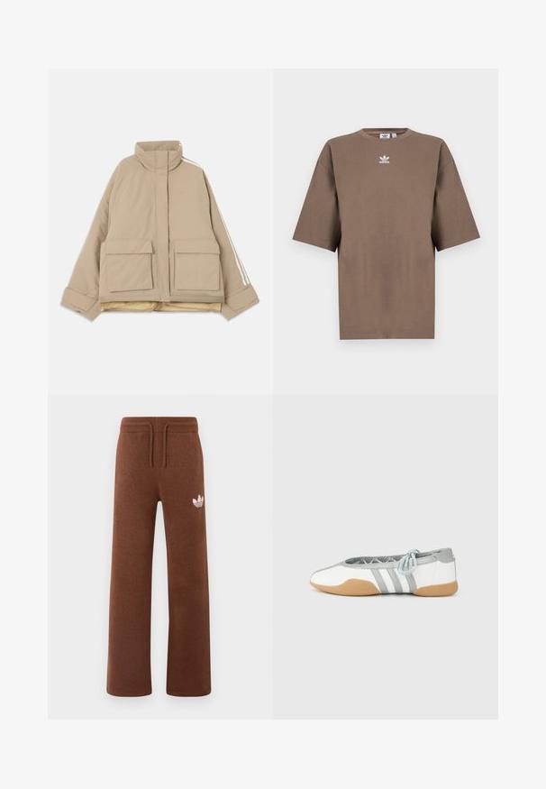 Beige gesteppte Jacke mit Stehkragen, zwei großen vorderen Klappentaschen und weißen Streifen, die an den Ärmeln entlanglaufen, vor hellem Hintergrund.; Braunes Baumwoll-T-Shirt mit kurzen Ärmeln, Rundhals und weißem Adidas-Logo, das zentral auf der Brust platziert ist. Das Design ist schlicht und der Schnitt ist locker.; Braune Sweatpants aus weichem Stoff mit lockerem Schnitt, ausgestattet mit einem elastischen Bund, einem Kordelzug und einem weißen Logo am linken Oberschenkel.; Weiße und graue Ballerinas mit abgerundeter Spitze und elastischer Schnürung, mit drei grauen Streifen und einer beigen Gummisohle.