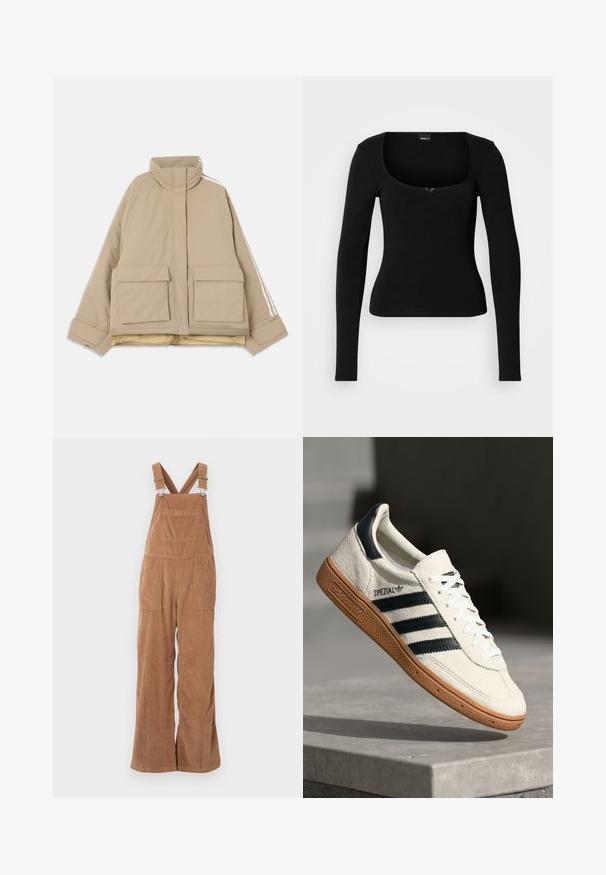 Beige vatteret jakke med opretstående krave, to store frontlommer med klap og hvide striber, der løber ned ad ærmerne, på en lys baggrund.; Sort tætsiddende top med lange ærmer, firkantet udskæring og lille dekorativ sløjfe foran i midten.; Brune kordfløjs overalls med brede ben, justerbare stropper og forlomme. Blød tekstur med lodret ribbet mønster.; Hvide ruskinds sneakers med marineblå striber, gummisål, struktureret overdel, rund tå og snøring; har branding på siden og tungen.