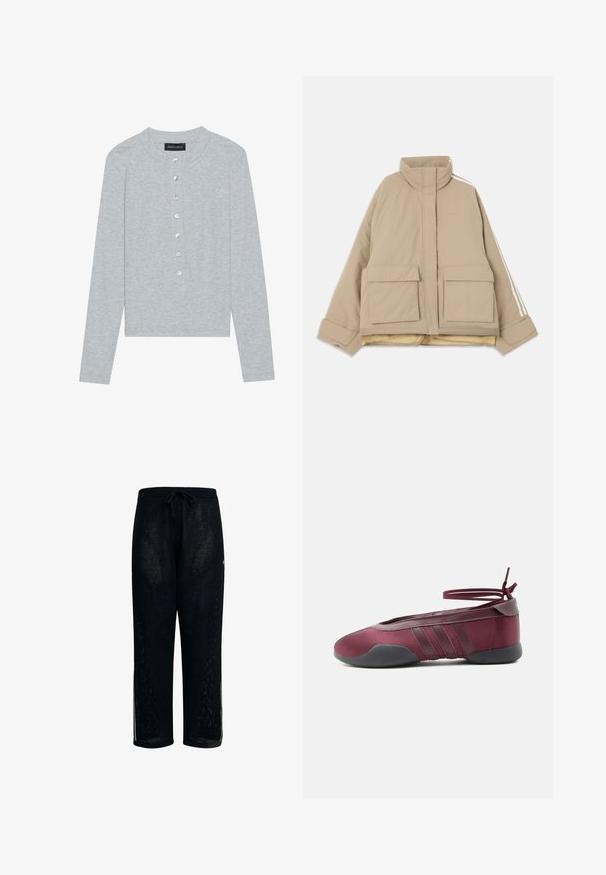 Chaqueta acolchada beige con cuello alto, dos grandes bolsillos frontales con solapa y rayas blancas que recorren las mangas sobre un fondo claro.; Cárdigan gris de manga larga hecho de tela acanalada, con escote redondo y seis botones frontales con un ligero brillo.; Pantalones de malla negros con cintura ajustable, con aberturas laterales y un ajuste relajado. Hechos de un tejido transpirable, adecuados para un uso casual.; Bailarina burdeos con suela negra, tiras elásticas en el tobillo atadas en moño y detalles cosidos en los laterales, vista desde el lado exterior.