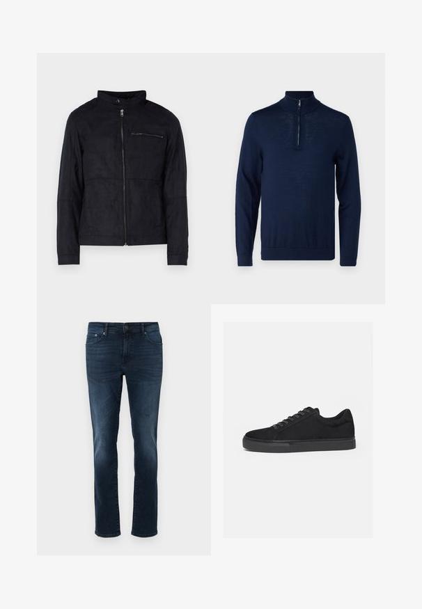 Schwarze Jacke aus samtähnlichem Material, mit Stehkragen, frontalem Reißverschluss und einer mit Reißverschluss versehenen Brusttasche. Schlichtes Design mit taillierter Passform.; Navyblaues Langarm-Pullover mit einem Viertel-Reißverschluss-Kragen. Glatte Textur, körperbetontes Design, minimale Nahtdetails und keine sichtbaren Logos.; Dunkelblaue Jeans aus Denim mit geradem Schnitt, mittlerer Leibhöhe, fünf Taschen und Stichdetails. Glatte Textur mit leicht ausgebleichten Akzenten.; Schwarzer Low-Top-Sneaker mit Schnürung vorne und flacher Gummisohle, seitlich auf weißem Hintergrund dargestellt.