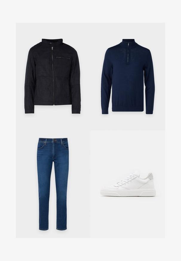 Schwarze Jacke aus samtähnlichem Material, mit Stehkragen, frontalem Reißverschluss und einer mit Reißverschluss versehenen Brusttasche. Schlichtes Design mit taillierter Passform.; Navyblaues Langarm-Pullover mit einem Viertel-Reißverschluss-Kragen. Glatte Textur, körperbetontes Design, minimale Nahtdetails und keine sichtbaren Logos.; Dunkelblaue Jeans aus Denim mit geradem Bein, vorderen Taschen und einem Knopfverschluss am Bund. Glatte Textur, minimale Details.; Weiße Leder-Sneaker mit glatter Oberfläche, rundem Zehenbereich, flachen Schnürsenkeln und strukturiertem Schuhsohlen. Graues Wildleder-Detail an der Ferse.