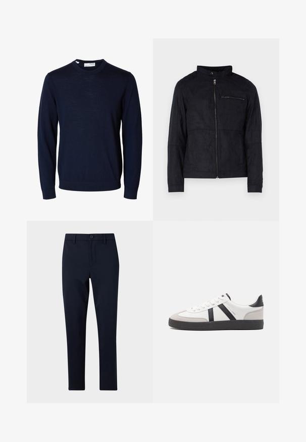 Schwarze Jacke aus samtähnlichem Material, mit Stehkragen, frontalem Reißverschluss und einer mit Reißverschluss versehenen Brusttasche. Schlichtes Design mit taillierter Passform.; Marineblauer Langarmpullover mit Rundhalsausschnitt, gerippten Bündchen und Saum, gefertigt aus feinem Strickstoff.; Dunkelblaue gerade geschnittene Hose mit Knopf- und Reißverschluss, Gürtelschlaufen und ohne sichtbare Taschen, dargestellt auf hellem, einfarbigem Hintergrund.; Weiße Sneaker mit schwarz- und grau-aczenten, ausgestattet mit einer strukturierten grauen Zehenkappe, schwarzer Gummi-Sohle und flachen weißen Schnürsenkeln. Sauberes Design, minimalistische Stil.