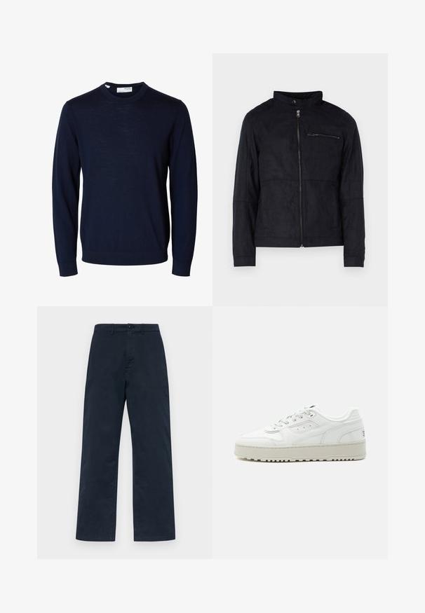 Zwarte jas van een materiaal dat op suede lijkt, met een staande kraag, een ritssluiting aan de voorkant en een ritszak op de borst. Eenvoudig ontwerp met een getailleerde pasvorm.; Navyblauwe trui met lange mouwen en ronde hals, met geribbelde boorden en zoom, gemaakt van fijne gebreide stof.; Marineblauwe katoenen broek met een recht design, voorzien van een sluiting met drukknop aan de voorkant en riemlussen. Eenvoudige, effen textuur zonder patronen.; Witte lage sneaker met dikke zool, veters aan de voorkant, geperforeerde details en een gevoerde kraag op een effen lichtgrijze achtergrond.
