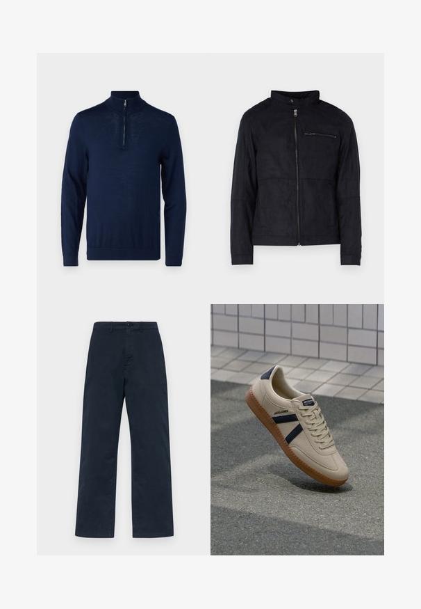 Sort jakke lavet af suede-lignende materiale, med ståkrave, front lynlås og en lynlåslomme på brystet. Enkel design med skræddersyet pasform.; Mørkeblå, langærmet pullover med kvart-zip krave. Glat tekstur, tætsiddende design, minimale søm-detaljer og ingen synlige logoer.; Marineblå bomuldsbukser med lige ben design, med frontknaplukning og bæltestropper. Enkel, ensfarvet struktur uden mønstre.; Beige sneaker med struktureret overflade, marineblå striber og gummisål. Har en polstret tunge og traditionelt snørresystem for en sikker pasform.