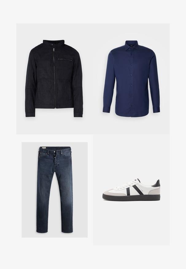 Veste noire en matériau similaire au daim, dotée d'un col montant, d'une fermeture éclair à l'avant et d'une poche poitrine zippée. Design simple avec une coupe ajustée.; Chemise bleu marine à manches longues, boutonnée, en tissu lisse, avec un col classique, des boutons sur le devant et un ourlet arrondi.; Jeans en denim bleu foncé avec une coupe droite, dotés d'un zip et de boutons en métal, ainsi que d'accents de rivets en cuivre. Texture lisse, sans motifs visibles.; Baskets blanches avec des accents noirs et gris, présentant un embout texturé gris, une semelle en caoutchouc noir et des lacets plats blancs. Design épuré, style minimaliste.