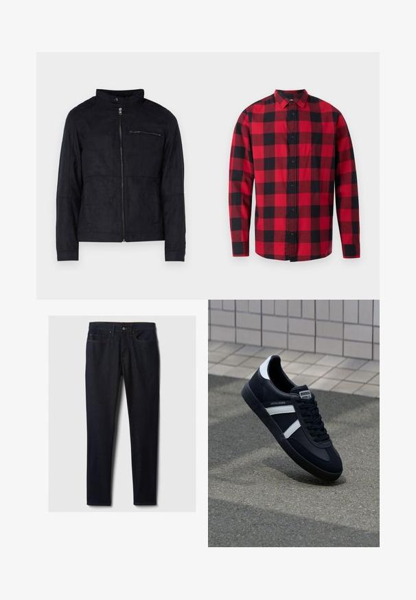 Veste noire en matériau similaire au daim, dotée d'un col montant, d'une fermeture éclair à l'avant et d'une poche poitrine zippée. Design simple avec une coupe ajustée.; Chemise en flanelle à carreaux rouges et noirs avec un devant boutonné, des manches longues et un col. Présente un motif plaid classique.; Jean en denim bleu foncé avec une coupe droite, disposant de poches avant, d'une fermeture à bouton métallique et de surpiqûres jaunes contrastantes.; Sneaker en cuir noir avec des rayures blanches, semelle en caoutchouc texturée et devant à lacets. Présente une étiquette de marque sur la languette.
