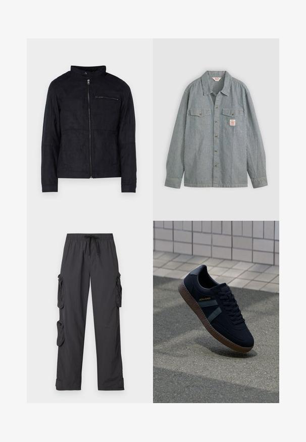 Zwarte jas van een materiaal dat op suede lijkt, met een staande kraag, een ritssluiting aan de voorkant en een ritszak op de borst. Eenvoudig ontwerp met een getailleerde pasvorm.; Gestreepte overhemden in blauw en wit, met een kraag, twee borstzakken en een klein label. Gemaakt van lichtgewicht stof.; Zwarte cargo broek gemaakt van lichtgewicht stof met een elastische tailleband, verstelbare trekkoord, meerdere zijzakken en omgeslagen broekspijpen.; Zwarte sneaker met een gestructureerd oppervlak, donkergroene strepen en een bruine rubberen zool. Voorzien van veters en merknaam op de zijkant.