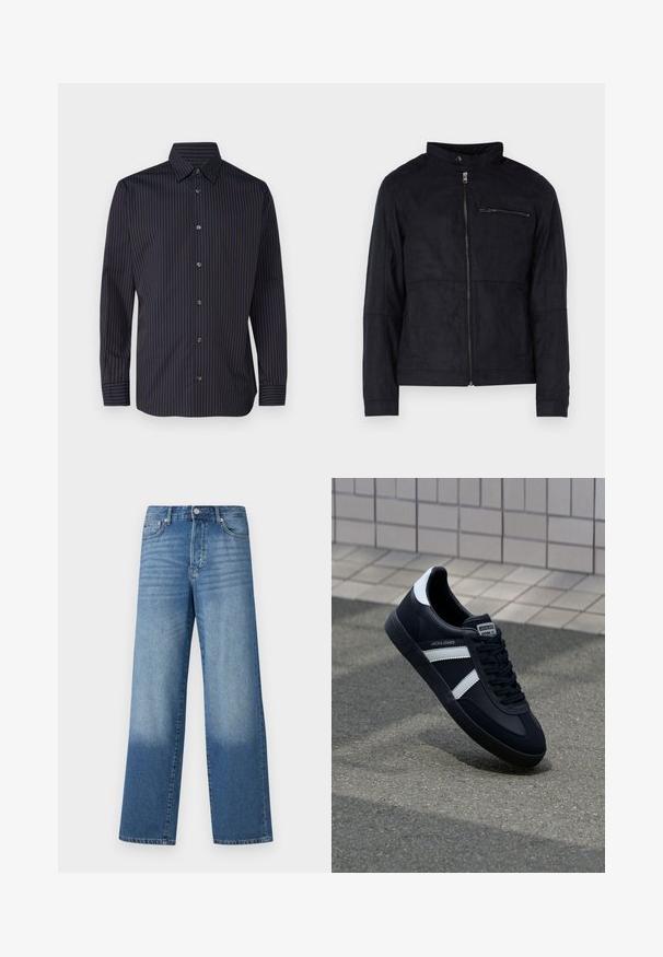 Sort jakke lavet af suede-lignende materiale, med ståkrave, front lynlås og en lynlåslomme på brystet. Enkel design med skræddersyet pasform.; Marine skjorte med lodrette brune striber, lange ærmer, knap-down krave og seks knapper foran, med en glat stoftekstur.; Blå højtaljede strækte jeans med falmede områder på lårerne og mørkere skygger nær kanten, synlig frontknap og lommer.; Sort lædersneaker med hvide striber, tekstureret gummisål og snørrebånd foran. Har et brandet mærke på tungen.