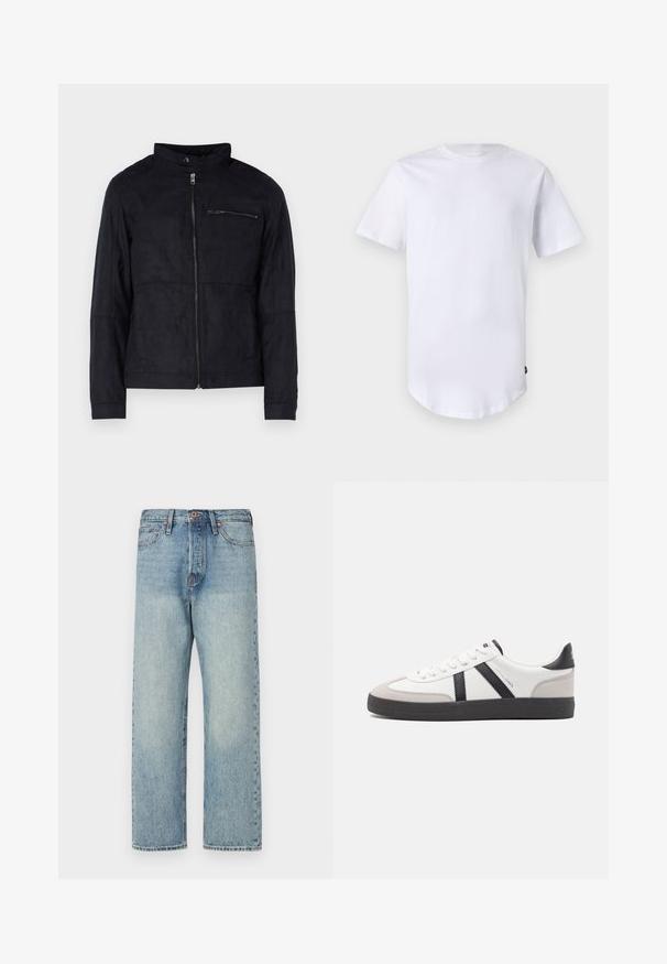 Sort jakke lavet af suede-lignende materiale, med ståkrave, front lynlås og en lynlåslomme på brystet. Enkel design med skræddersyet pasform.; Hvid kortærmet t-shirt lavet af bomuld. Rund halsudskæring med en buet kant. Etiket synlig på nederste venstre side. Glat tekstur.; Lysblå denimjeans med lige ben-design, fem lommer og bronze hardware. Minimal falming med en ren finish.; Hvide sneakers med sorte og grå detaljer, med en tekstureret grå tåhætte, sort gummisål og flade hvide snørebånd. Rent design, minimalistisk stil.