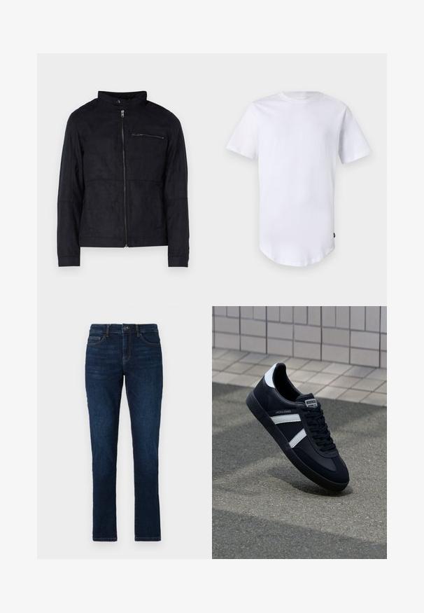Zwarte jas van een materiaal dat op suede lijkt, met een staande kraag, een ritssluiting aan de voorkant en een ritszak op de borst. Eenvoudig ontwerp met een getailleerde pasvorm.; Witte katoenen t-shirt met korte mouwen. Rond de hals ontwerp met een gebogen zoom. Label zichtbaar aan de onderste linkerzijde. Gladde textuur.; Donkerblauwe denim jeans met een slim fit, standaard vijf-pocket ontwerp en een knoop- en ritssluiting. Gladde textuur met minimale vervaging.; Zwarte leren sneaker met witte strepen, een gestructureerde rubberen zool en vetersluiting aan de voorkant. Voorzien van een merklabel op de tong.