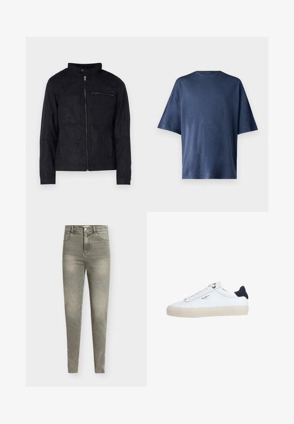 Sort jakke lavet af suede-lignende materiale, med ståkrave, front lynlås og en lynlåslomme på brystet. Enkel design med skræddersyet pasform.; Marineblå kortærmet T-shirt, lavet af blødt stof, har en klassisk rund hals og løs pasform, uden synlige mønstre eller accenter.; Lysegrå denim skinny jeans med høj talje, femlommet design, let slid og subtil falmen i hele stoffet.; Hvid lavtop-sneaker med beige sål, hvide snørebånd, sort hælkappe og "Pepe Jeans London"-logo på siden.