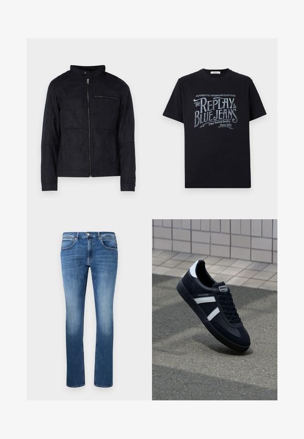 Schwarze Jacke aus samtähnlichem Material, mit Stehkragen, frontalem Reißverschluss und einer mit Reißverschluss versehenen Brusttasche. Schlichtes Design mit taillierter Passform.; Schwarzes Baumwoll-T-Shirt mit kurzen Ärmeln und rundem Halsausschnitt, mit einem grafischen Textdesign im Vintage-Stil in Weiß und hellblau auf der Vorderseite.; Blaue Jeans aus Denim mit geradem Schnitt, mit leichter Ausbleichung, fünf Taschen und einem Knopf- und Reißverschluss. Genähte Details entlang der Nähte.; Schwarze Leder-Sneaker mit weißen Streifen, strukturiertem Gummisohle und Schnürung. Verfügt über ein Markenetikett auf der Zunge.