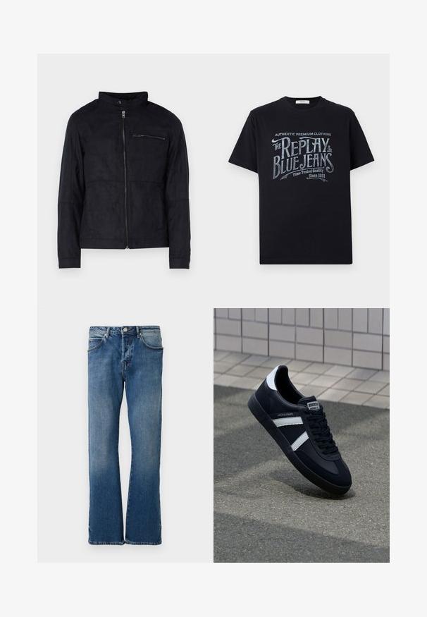 Schwarze Jacke aus samtähnlichem Material, mit Stehkragen, frontalem Reißverschluss und einer mit Reißverschluss versehenen Brusttasche. Schlichtes Design mit taillierter Passform.; Schwarzes Baumwoll-T-Shirt mit kurzen Ärmeln und rundem Halsausschnitt, mit einem grafischen Textdesign im Vintage-Stil in Weiß und hellblau auf der Vorderseite.; Helle blaue Jeans aus Denim mit geradem Bein, ausgestattet mit fünf Taschen, einem Knopfverschluss und subtilen Ausbleichungen auf dem Stoff.; Schwarze Leder-Sneaker mit weißen Streifen, strukturiertem Gummisohle und Schnürung. Verfügt über ein Markenetikett auf der Zunge.