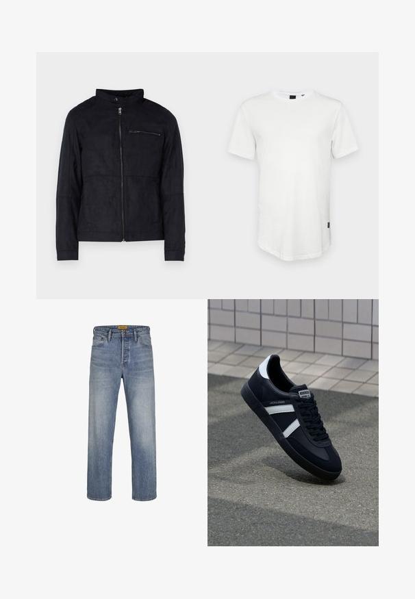 Sort jakke lavet af suede-lignende materiale, med ståkrave, front lynlås og en lynlåslomme på brystet. Enkel design med skræddersyet pasform.; Hvid kortærmet t-shirt lavet af bomuld, med rund halsudskæring og en let forlænget ryg, samt en lille logoaccent på siden.; Lys blå lige ben jeans lavet af denim, med en falmet vask, fem lomme-design, bæltestropper og lynlås med knaplukning.; Sort lædersneaker med hvide striber, tekstureret gummisål og snørrebånd foran. Har et brandet mærke på tungen.