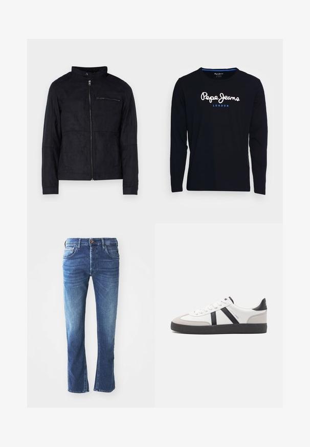 Schwarze Jacke aus samtähnlichem Material, mit Stehkragen, frontalem Reißverschluss und einer mit Reißverschluss versehenen Brusttasche. Schlichtes Design mit taillierter Passform.; Schwarzes Langarm-T-Shirt aus Baumwollstoff, mit dem weißen und blauen Logo-Text "Pepe Jeans London" centriert auf der Brust.; Dunkelblaue Jeans aus Denim mit geradem Bein, ausgestattet mit fünf Taschen, einem braunen Knopfverschluss und dezenten hellen Verfärbungen an den Oberschenkeln.; Weiße Sneaker mit schwarz- und grau-aczenten, ausgestattet mit einer strukturierten grauen Zehenkappe, schwarzer Gummi-Sohle und flachen weißen Schnürsenkeln. Sauberes Design, minimalistische Stil.