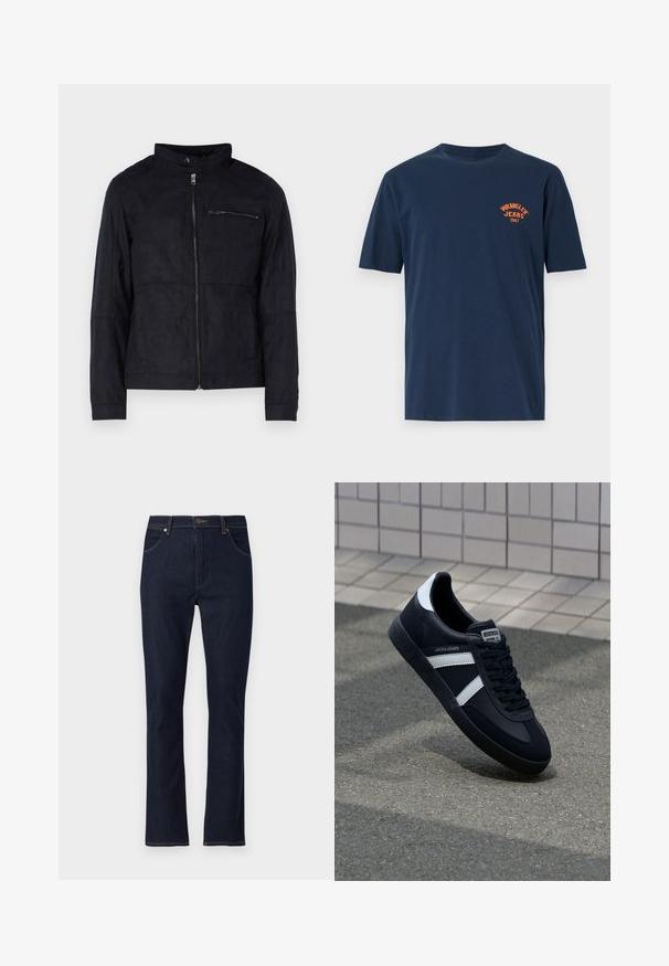 Veste noire en matériau similaire au daim, dotée d'un col montant, d'une fermeture éclair à l'avant et d'une poche poitrine zippée. Design simple avec une coupe ajustée.; T-shirt en coton bleu marine avec des manches courtes, un col ras du cou et un logo brodé orange "Wrangler Jeans 1947" sur la poitrine.; Jean droit en denim bleu foncé avec poches avant, passants de ceinture et fermeture à bouton.; Sneaker en cuir noir avec des rayures blanches, semelle en caoutchouc texturée et devant à lacets. Présente une étiquette de marque sur la languette.