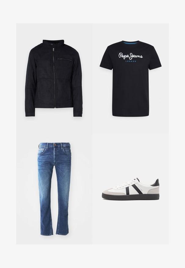 Sort jakke lavet af suede-lignende materiale, med ståkrave, front lynlås og en lynlåslomme på brystet. Enkel design med skræddersyet pasform.; Sort bomulds T-shirt med et hvidt skriftskriftlogo "Pepe Jeans" med en blå accent, rund hals og korte ærmer. Enkel, ensfarvet design.; Mørkeblå denim jeans med lige ben-design, der har fem lommer, en brun knaplukning og diskret lys udtoning ved lårene.; Hvide sneakers med sorte og grå detaljer, med en tekstureret grå tåhætte, sort gummisål og flade hvide snørebånd. Rent design, minimalistisk stil.