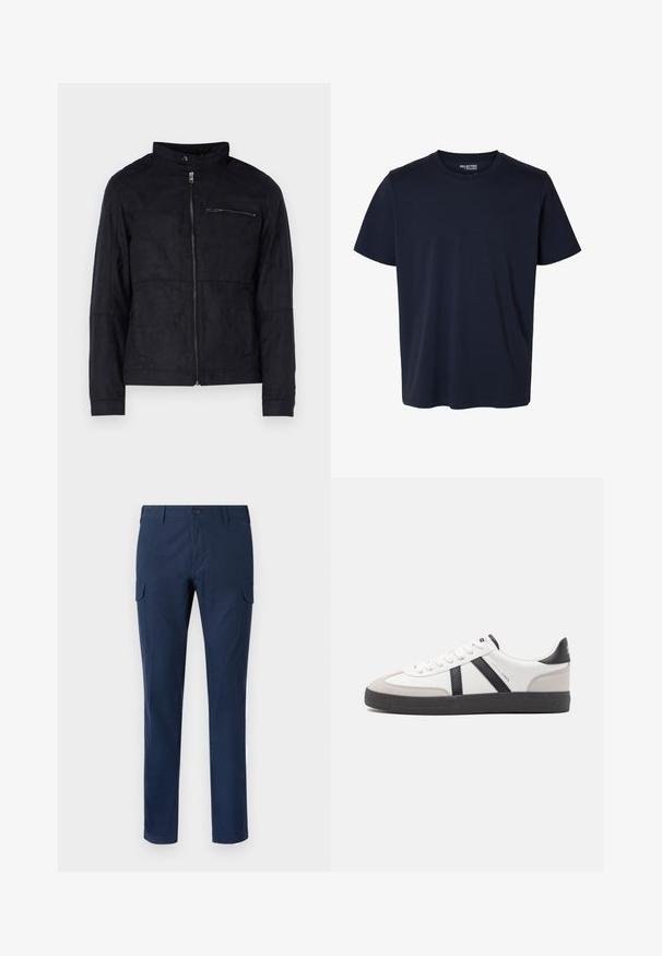 Veste noire en matériau similaire au daim, dotée d'un col montant, d'une fermeture éclair à l'avant et d'une poche poitrine zippée. Design simple avec une coupe ajustée.; T-shirt bleu marine uni à manches courtes avec une petite étiquette de marque imprimée à l'intérieur du col.; Pantalons cargo navy en coton, dotés de poches latérales, d'une fermeture à bouton, de jambes droites et d'une texture lisse.; Baskets blanches avec des accents noirs et gris, présentant un embout texturé gris, une semelle en caoutchouc noir et des lacets plats blancs. Design épuré, style minimaliste.
