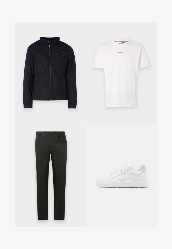 Sort jakke lavet af suede-lignende materiale, med ståkrave, front lynlås og en lynlåslomme på brystet. Enkel design med skræddersyet pasform.; Hvid bomulds t-shirt med v-hals, korte ærmer, og en lille "REPLAY" trykt på brystet. Glat tekstur, afslappet pasform.; Mørkegrønne bomuldsbukser med slim fit. Har lige ben, forlommer og knaplukning. Glat tekstur, minimal dekoration.; Hvide lædersneakers med en glat finish, rund tå, flade snørebånd og en struktureret sål. Grå ruskindsdetalje ved hælen.