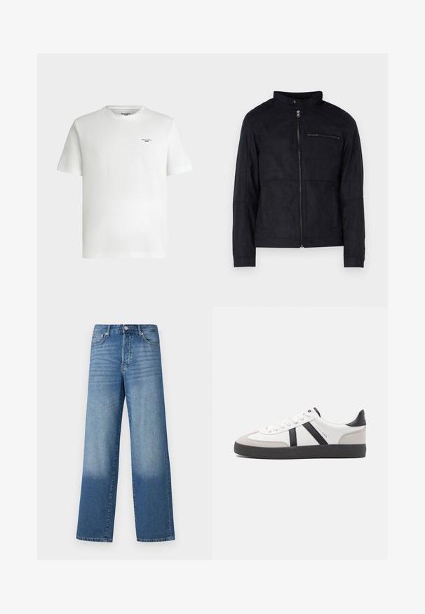 Schwarze Jacke aus samtähnlichem Material, mit Stehkragen, frontalem Reißverschluss und einer mit Reißverschluss versehenen Brusttasche. Schlichtes Design mit taillierter Passform.; Weißes kurzärmeliges T-Shirt mit Rundhalsausschnitt und kleinem schwarzem Schriftzug „Marc O'Polo DENIM“ auf der oberen linken Brust.; Blaue hochgeschnittene Straight-Leg-Jeans mit Ausbleichungen an den Oberschenkeln und dunklerem Schatten nahe den Säumen, sichtbare vordere Knöpfe und Taschen.; Weiße Sneaker mit schwarz- und grau-aczenten, ausgestattet mit einer strukturierten grauen Zehenkappe, schwarzer Gummi-Sohle und flachen weißen Schnürsenkeln. Sauberes Design, minimalistische Stil.