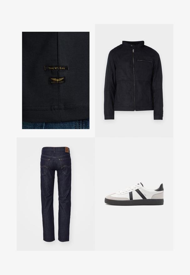Schwarze Jacke aus samtähnlichem Material, mit Stehkragen, frontalem Reißverschluss und einer mit Reißverschluss versehenen Brusttasche. Schlichtes Design mit taillierter Passform.; Schwarzes Baumwoll-T-Shirt mit glatter Textur. Verfügt über zwei Etiketten: "TYPE NO: C-46" und "AMERICAN CLASSIC" in Gelb auf dunklem Stoff.; Dunkelblaue Denim-Jeans, von hinten gezeigt, mit zwei Gesäßtaschen, Kontrastnähten und einem braunen Lederpatch am Bund.; Weiße Sneaker mit schwarz- und grau-aczenten, ausgestattet mit einer strukturierten grauen Zehenkappe, schwarzer Gummi-Sohle und flachen weißen Schnürsenkeln. Sauberes Design, minimalistische Stil.