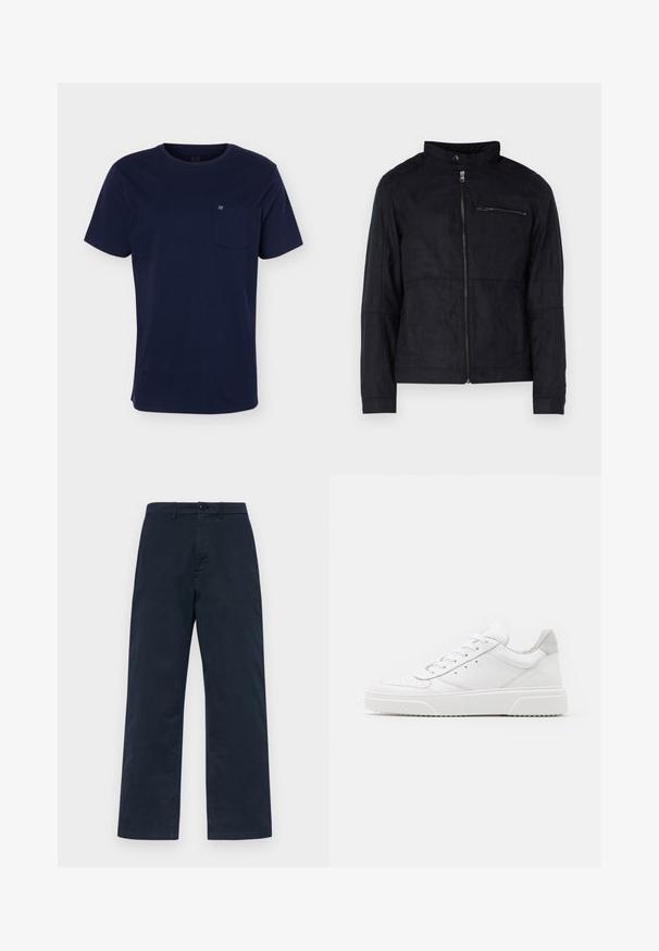 Schwarze Jacke aus samtähnlichem Material, mit Stehkragen, frontalem Reißverschluss und einer mit Reißverschluss versehenen Brusttasche. Schlichtes Design mit taillierter Passform.; Marineblaues T-Shirt mit kurzen Ärmeln und Rundhalsausschnitt mit einer Brusttasche, die ein kleines Logo auf einfarbigem Hintergrund zeigt.; Marineblaue Baumwollhose mit geradem Bein, ausgestattet mit einem Vorderknopfverschluss und Gürtelschlaufen. Schlichte, einfarbige Textur ohne Muster.; Weiße Leder-Sneaker mit glatter Oberfläche, rundem Zehenbereich, flachen Schnürsenkeln und strukturiertem Schuhsohlen. Graues Wildleder-Detail an der Ferse.