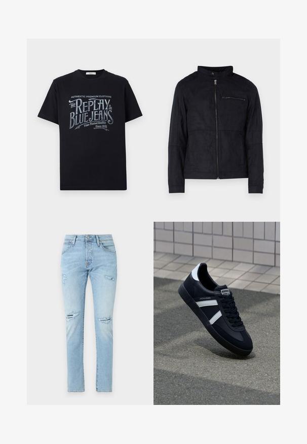 Schwarze Jacke aus samtähnlichem Material, mit Stehkragen, frontalem Reißverschluss und einer mit Reißverschluss versehenen Brusttasche. Schlichtes Design mit taillierter Passform.; Schwarzes Baumwoll-T-Shirt mit kurzen Ärmeln und rundem Halsausschnitt, mit einem grafischen Textdesign im Vintage-Stil in Weiß und hellblau auf der Vorderseite.; Hellblaue Denim-Jeans mit schmaler Passform, ausgestattet mit abgenutzten Details an den Knien und einem klassischen Fünf-Taschen-Design.; Schwarze Leder-Sneaker mit weißen Streifen, strukturiertem Gummisohle und Schnürung. Verfügt über ein Markenetikett auf der Zunge.