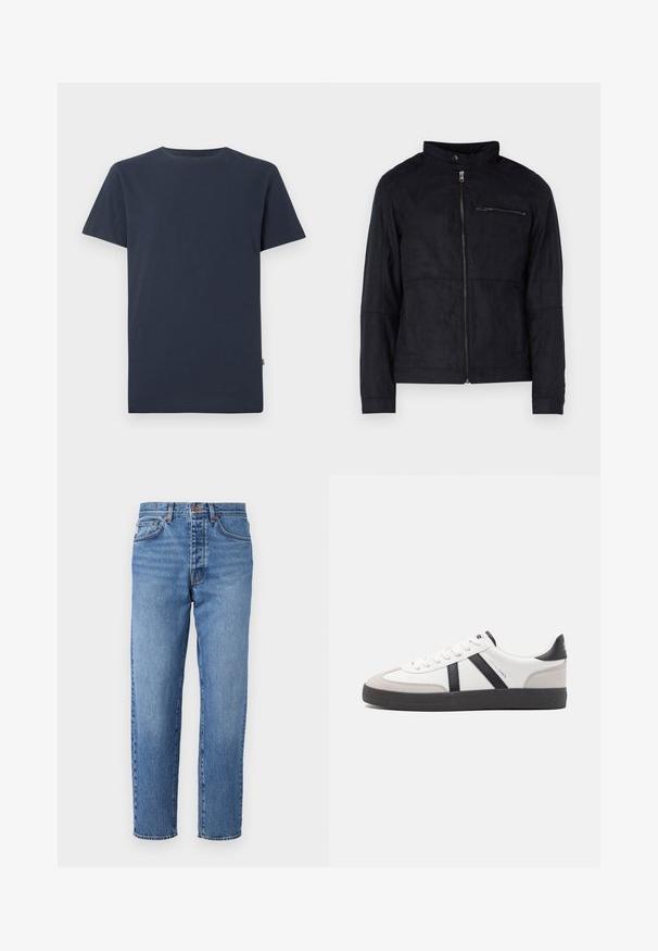 Schwarze Jacke aus samtähnlichem Material, mit Stehkragen, frontalem Reißverschluss und einer mit Reißverschluss versehenen Brusttasche. Schlichtes Design mit taillierter Passform.; Schlichtes dunkelnavyblaues T-Shirt mit kurzen Ärmeln und Rundhalsausschnitt, innen im Kragen mit kleinem weißem SELECTED-Label.; Hellblaues Denim-Jeanspaar mit geradem Schnitt, fünf Taschen und Knopfverschluss. Überwaschene Textur mit leichtem Ausbleichen an der Vorderseite.; Weiße Sneaker mit schwarz- und grau-aczenten, ausgestattet mit einer strukturierten grauen Zehenkappe, schwarzer Gummi-Sohle und flachen weißen Schnürsenkeln. Sauberes Design, minimalistische Stil.