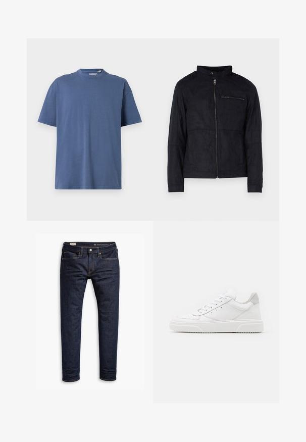 Zwarte jas van een materiaal dat op suede lijkt, met een staande kraag, een ritssluiting aan de voorkant en een ritszak op de borst. Eenvoudig ontwerp met een getailleerde pasvorm.; Blauwe T-shirt met korte mouwen van zacht katoen, met een ronde hals en een relaxte pasvorm, met minimale stikdetails.; Donkerblauwe denim jeans met een slim fit, uitgerust met oranje stiksels, een vijf-pocket ontwerp en metalen hardware. Glad materiaal, zonder patronen.; Witte leren sneakers met een gladde afwerking, ronde neus, platte veters en een gestructureerde zool. Grijze suède accent bij de hiel.