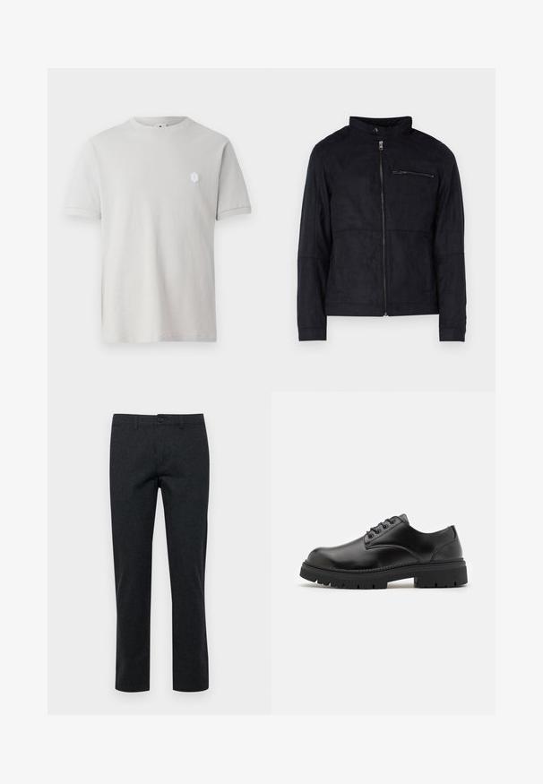 Schwarze Jacke aus samtähnlichem Material, mit Stehkragen, frontalem Reißverschluss und einer mit Reißverschluss versehenen Brusttasche. Schlichtes Design mit taillierter Passform.; Helles graues Baumwoll-T-Shirt mit kurzen Ärmeln, rundem Ausschnitt und einem kleinen hexagonalen weißen Logo auf der oberen linken Seite. Glatte Textur.; Dunkelgraue Anzughose aus strukturiertem Stoff, mit geradem Bein, Gürtelschlaufen und einem Knopfverschluss vorne.; Schwarze Lederschuhe mit runder Zehenform, Schnürdesign und einer dicken, strukturierten Gummisohle. Sie verfügen über eine Naht entlang des Randes und haben eine glatte Oberfläche.