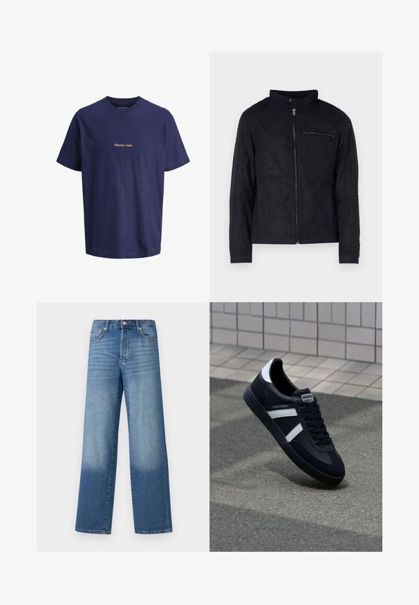 Sort jakke lavet af suede-lignende materiale, med ståkrave, front lynlås og en lynlåslomme på brystet. Enkel design med skræddersyet pasform.; Marineblå bomuld T-shirt med korte ærmer, rund halsudskæring og orange broderet tekst "Originals Studio" på frontens midte.; Blå højtaljede strækte jeans med falmede områder på lårerne og mørkere skygger nær kanten, synlig frontknap og lommer.; Sort lædersneaker med hvide striber, tekstureret gummisål og snørrebånd foran. Har et brandet mærke på tungen.