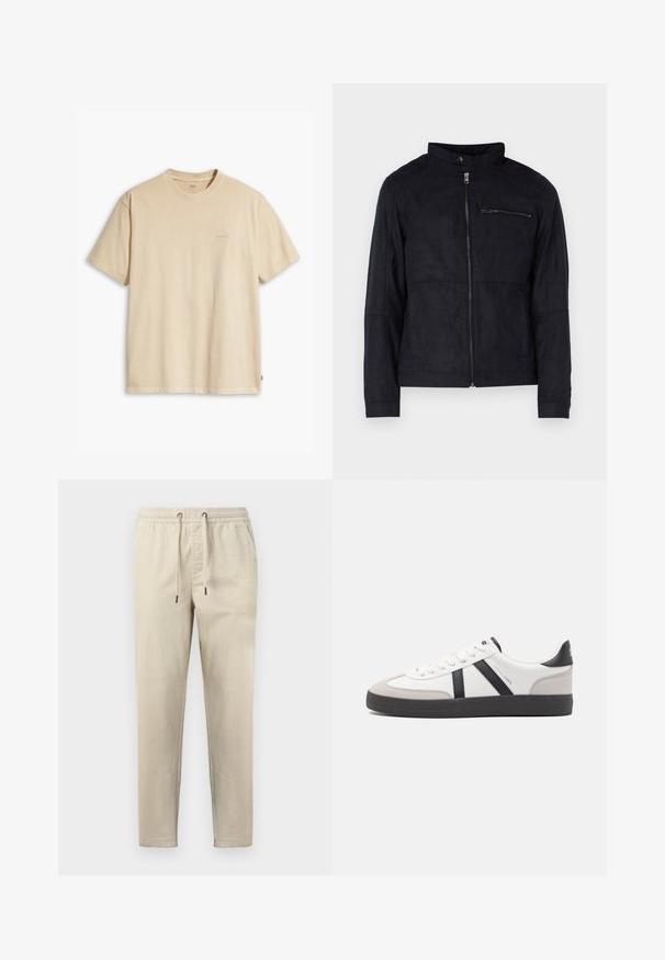 Sort jakke lavet af suede-lignende materiale, med ståkrave, front lynlås og en lynlåslomme på brystet. Enkel design med skræddersyet pasform.; Beige bomulds t-shirt med rund hals og korte ærmer. Har et subtilt "Levi's" logo i samme farve på brystet. Blød tekstur.; Beige fløjlsbukser med elastisk talje og snøre, lige ben, forlommer, designet til afslappet brug.; Hvide sneakers med sorte og grå detaljer, med en tekstureret grå tåhætte, sort gummisål og flade hvide snørebånd. Rent design, minimalistisk stil.
