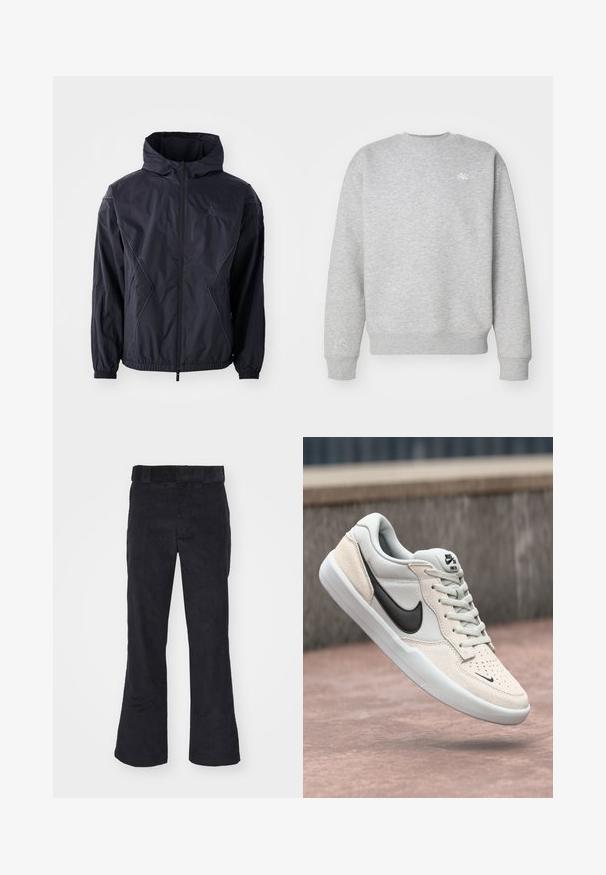 Sort vindjakke med hætte, der har fuld lynlås, elastiske manchetter og sidelommer. Teksturstof med geometriske syninger.; Grå crewneck sweatshirt lavet af fleece-materiale, med ribbede manchetter og kant, samt et lille hvidt logo på brystet.; Sorte kordfløjl bukser med en afslappet pasform, der har en klassisk talje og flagrende ben, blød tekstur og uden synlige mønstre eller detaljer.; Nike SB sneakers i lys grå og creme, med en overdel i ruskind, sort swoosh, strukturerede detaljer og hvid gummisål.
