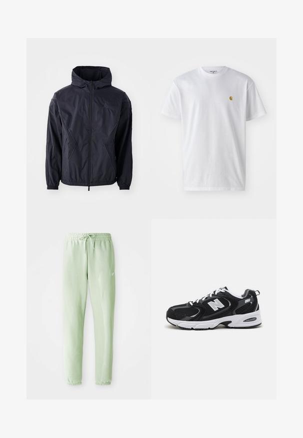 Zwarte windjack met capuchon, voorzien van een volledige rits, elastische manchetten en zijzakken. Gelaagde stof met geometrische naden.; Witte katoenen t-shirt met korte mouwen en ronde hals, voorzien van een klein gouden logo op de linkerkant van de borst. Zachte textuur en een normale pasvorm.; Lichtgroene sweatpants van zachte katoen, met een elastische tailleband met trekkoord en taps toelopende benen, afgewerkt met gathered boorden.; Zwarte en grijze sport schoenen met een bovenwerk van mesh en suede, voorzien van een witte tussenzool, veters en een gedurfde "N"-logo aan de zijkant.