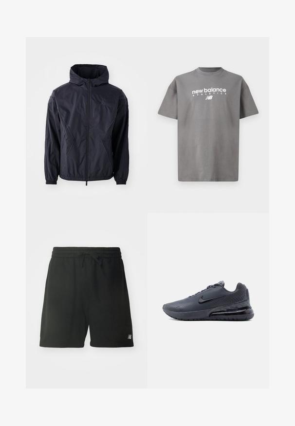Zwarte windjack met capuchon, voorzien van een volledige rits, elastische manchetten en zijzakken. Gelaagde stof met geometrische naden.; Grijs katoenen t-shirt met een ronde hals, korte mouwen en een witte "new balance ATHLETICS"-logo gedrukt op de voorkant.; Zwarte katoenen sportshorts met een elastische tailleband, verstelbaar trekkoord en logodetail op het linkeronderbeen. Glad textuur.; Donkergrijze Nike Air Max sneaker met zwarte Swoosh, zichtbare luchtdempers in de zool en een gestructureerd bovenwerk, vanaf de linkerkant weergegeven op een witte achtergrond.