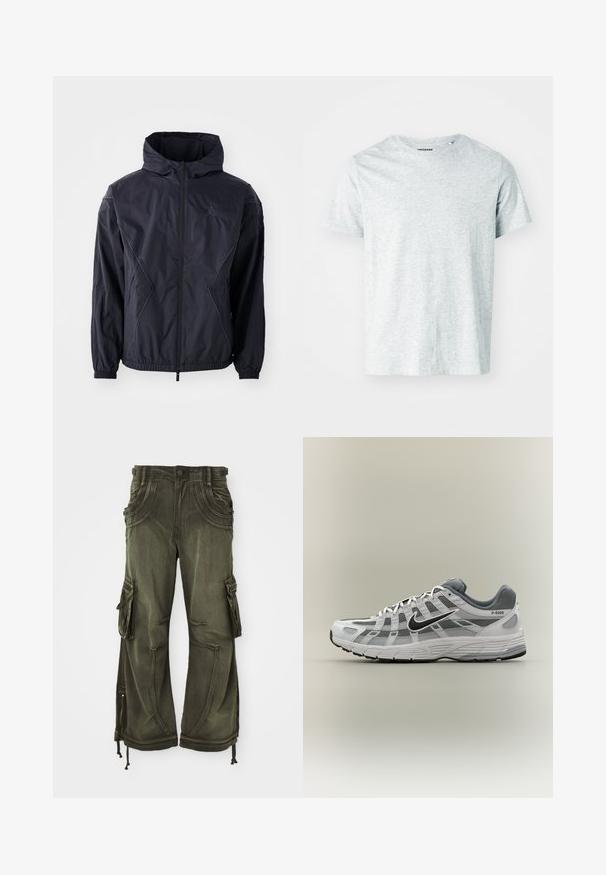 Sort vindjakke med hætte, der har fuld lynlås, elastiske manchetter og sidelommer. Teksturstof med geometriske syninger.; Lys grå, kortærmet t-shirt lavet af blødt stof, med en rund hals og en let afslappet pasform. Ingen synlige mønstre eller grafik.; Oliven grønne cargo bukser lavet af bomuld med en afslappet pasform, featuring sidelommer, lynlåse ved anklerne og snore ved kanten.; Hvid og grå Nike P-6000 sneaker med sort swoosh, meshpaneler og tekstureret sål, vist i sideprofil på neutral baggrund.