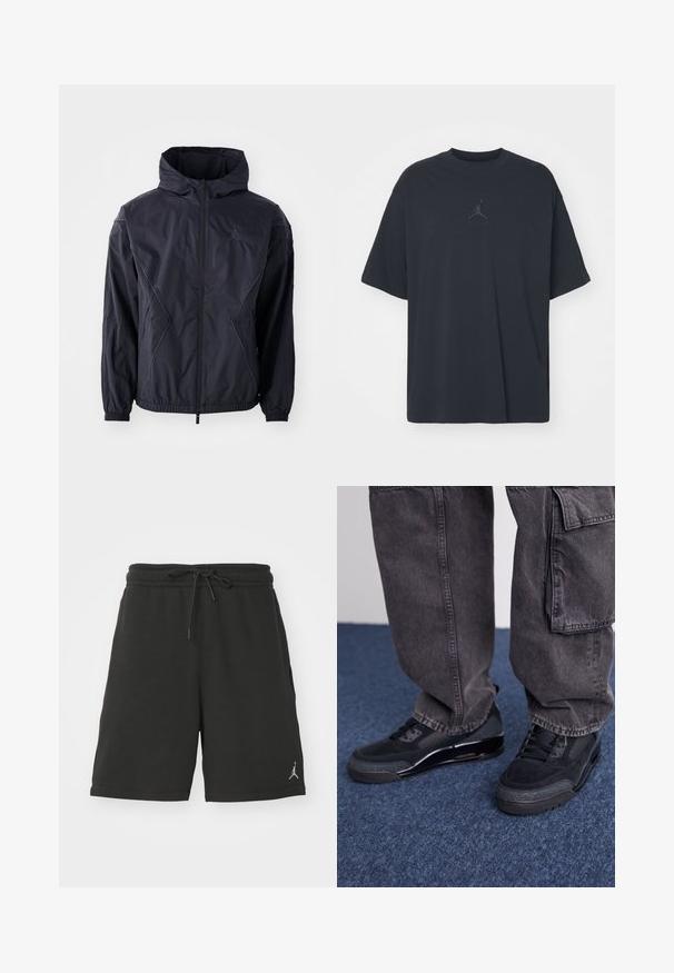 Veste de coupe-vent noire avec capuche, dotée d'une fermeture éclair intégrale, de poignets élastiques et de poches latérales. Tissu texturé avec des coutures géométriques.; T-shirt en coton noir avec une coupe ample, col rond, manches courtes, comportant un logo discret et le texte "AIR" au-dessus du logo au centre.; Shorts de sport noirs en tissu doux, dotés d'une taille élastique avec cordon de serrage, de poches latérales et d'un petit logo sur la jambe gauche.; Des chaussures de sport noires avec une surface texturée, des accents lisses et une semelle épaisse, accompagnées de pantalons cargo larges et foncés.