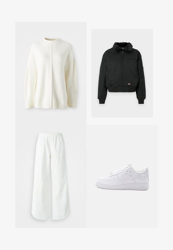 Veste bomber noire avec col en fausse fourrure, fermeture éclair, poignets et ourlet côtelés, deux poches latérales et une poche utilitaire sur la manche gauche.; Pull en polaire blanc avec un col haut côtelé, des manches longues et une couture centrale. Comprend des poignets côtelés et un petit patch logo sur la manche.; Pantalons de sport larges blancs avec une taille côtelée et un discret logo. Tissu lisse avec une coupe décontractée et un bas effilé.; Baskets basses blanches avec embout perforé, swoosh Nike et accents floraux blancs décoratifs au talon et sur le côté.