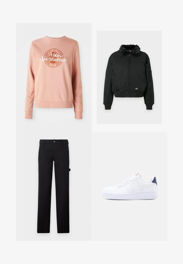 Chaqueta bomber negra con cuello de piel sintética, cierre de cremallera, puños y dobladillo acanalados, dos bolsillos laterales y un bolsillo utilitario en la manga izquierda.; Sudadera de color rosa claro hecha de tela suave, con un logo redondo que dice "Nike Sportwear" y elementos decorativos en un rosa más oscuro.; Pantalones negros de tela con una textura suave, diseñados con piernas rectas, cierre de botón y un bolsillo lateral.; Zapatilla blanca de caña baja con perforaciones en la puntera, cordones blancos, un logo swoosh blanco y una lengüeta en el talón de color azul oscuro.