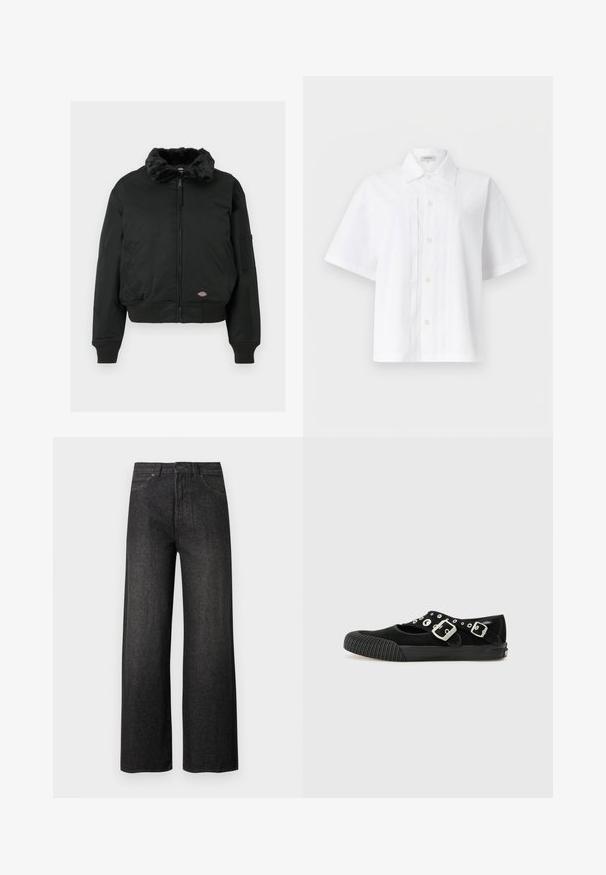 Chaqueta bomber negra con cuello de piel sintética, cierre de cremallera, puños y dobladillo acanalados, dos bolsillos laterales y un bolsillo utilitario en la manga izquierda.; Camisa blanca de manga corta con botones, cuello y detalles de pliegues verticales en la parte delantera, mostrada sobre un fondo claro y liso.; Vaqueros negros de pierna ancha y cintura alta, con bolsillos frontales, cierre de botones y trabillas para cinturón sobre un fondo claro y sencillo.; Vans MARY JANE - Bailarinas - black