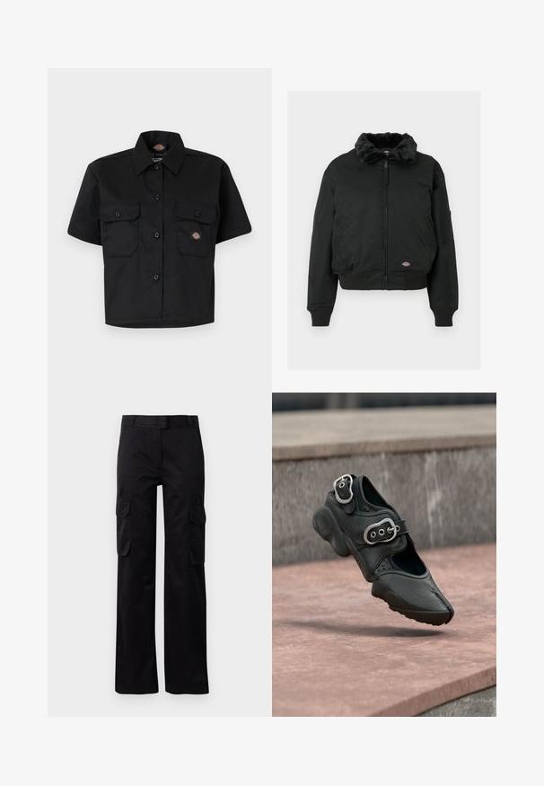 Chaqueta bomber negra con cuello de piel sintética, cierre de cremallera, puños y dobladillo acanalados, dos bolsillos laterales y un bolsillo utilitario en la manga izquierda.; Camisa negra de manga corta hecha de tela duradera, que presenta dos grandes bolsillos frontales y un diseño de botones con cuello.; Pantalones cargo negros fabricados con un material duradero, que cuentan con dos bolsillos laterales y un diseño de pierna recta. Textura suave con un ajuste clásico.; Zapato negro de punta partida con dos hebillas plateadas, suela gruesa y detalles perforados, flotando sobre una superficie de piedra.
