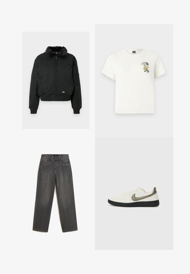 Zwarte bomberjack met nepbont kraag, ritssluiting, geribde manchetten en zoom, twee zijzakken en een utility-pocket op de linkerarm.; Wit katoenen T-shirt met korte mouwen. Voorzien van groene en gele geborduurde bloemen op de linkerborst, inclusief logo. Regular fit.; Grijze wijde jeans van denim. Heeft vijf zakken, een sluiting met een knoop en ritssluiting aan de voorkant, en subtiele vervaging op de stof.; Nike Sportswear FIELD GENERAL - Sneakers laag - off-white/black