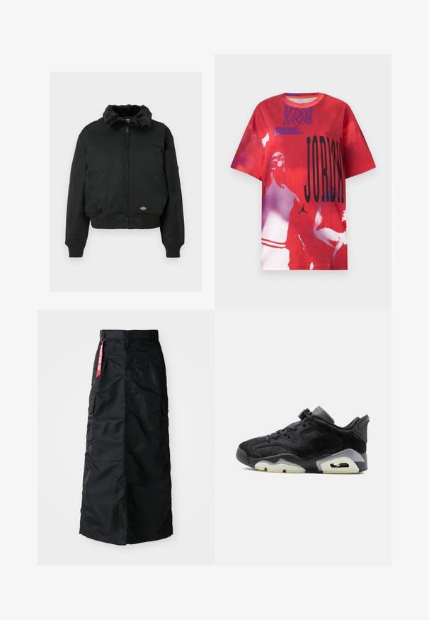 Chaqueta bomber negra con cuello de piel sintética, cierre de cremallera, puños y dobladillo acanalados, dos bolsillos laterales y un bolsillo utilitario en la manga izquierda.; Camiseta roja de manga corta con texto negro "JORDAN", gráfico de red de baloncesto en púrpura, y imágenes tramadas en blanco y púrpura de jugadores de baloncesto.; Falda larga negra con botones y cremallera en el frente, bolsillos laterales tipo cargo y una etiqueta de tela roja "Retirar antes del vuelo" en la cinturilla.; Zapatilla negra de corte bajo con parte superior texturizada, cordones negros, cuello acolchado y suela de color claro con unidad de aire visible en el lateral.