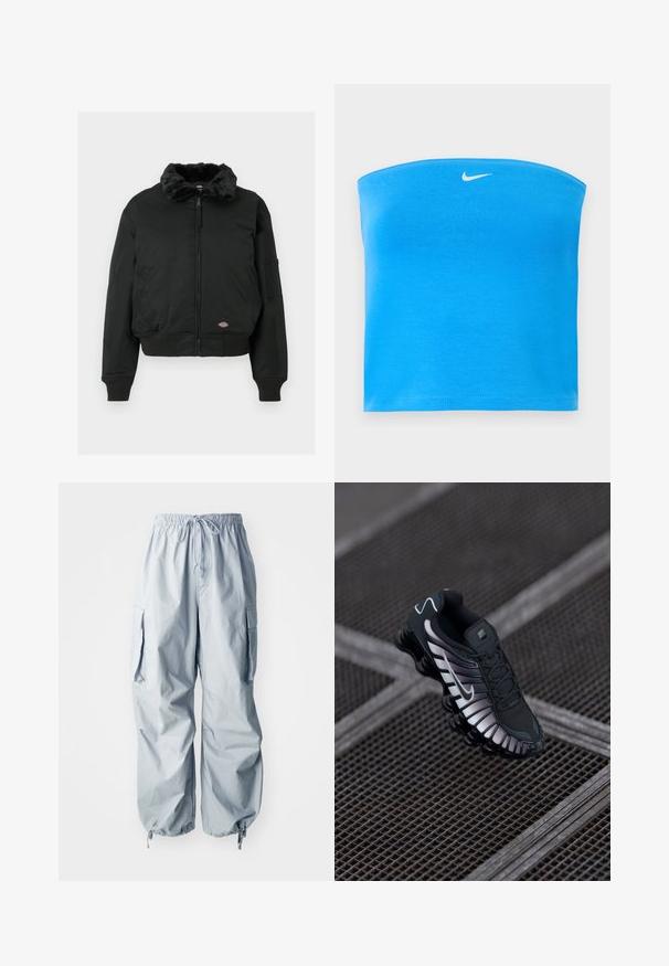 Zwarte bomberjack met nepbont kraag, ritssluiting, geribde manchetten en zoom, twee zijzakken en een utility-pocket op de linkerarm.; Felblauwe Nike strapless tube top met wit Swoosh-logo centraal geplaatst dicht bij de bovenkant.; Lichtblauwe cargobroek met een elastische tailleband, trekkoord, twee zijzakken en taps toelopende boorden met verstelbare toggles.; Zwarte sportschoen met een geprofileerde bovenkant van mesh, zilveren accenten, ondersteuning voor de voetenboog en een gevoerde zool met een duidelijk gesegmenteerd ontwerp.