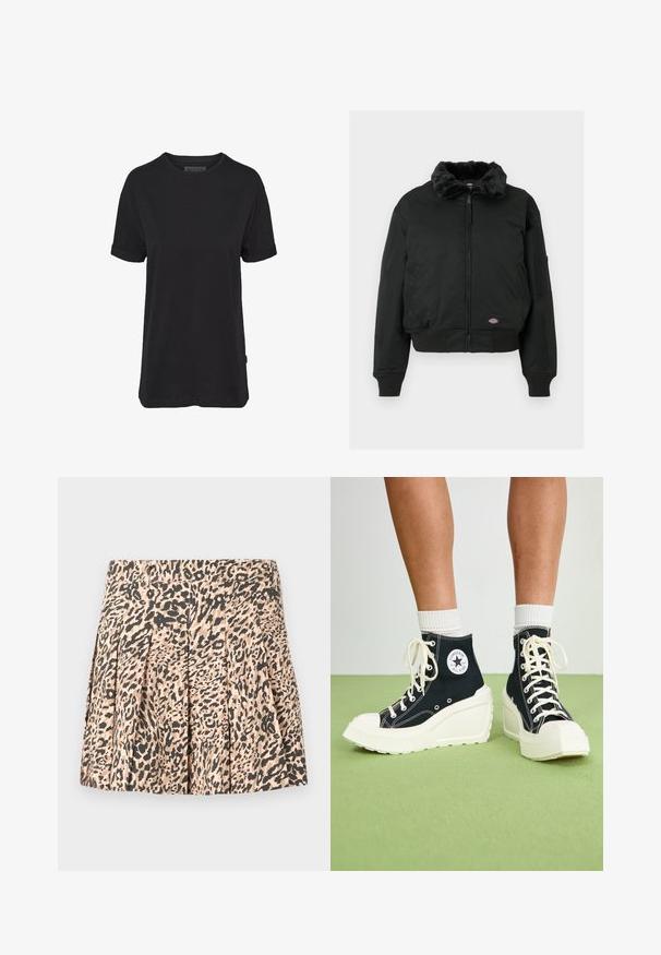 Schwarze Bomberjacke mit Kunstpelzkragen, Reißverschluss, gerippten Bündchen und Saum, zwei seitlichen Taschen und einer Utility-Tasche am linken Arm.; Schwarzes Baumwoll-T-Shirt mit kurzen Ärmeln, rundem Halsausschnitt und aufgerollten Bündchen; mit einem dezenten Markenlabel am seitlichen Saum.; Leopardmusterrock mit Falten, aus leichtem Material, in Beigetönen und Braun, mit einem Bund oben.; Schwarze High-Top-Sneaker mit einer erhöhten weißen Plateausohle, weißen Schnürsenkeln und einem runden Logopatch an der Seite. Strukturierter Canvas-Stoff.