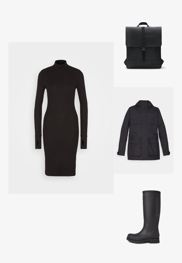 Chaqueta negra impermeable con capucha, dos bolsillos en el pecho, cordones ajustables y una textura suave y mate. Cuenta con puños a presión.; Vestido negro de punto acanalado con cuello alto, mangas largas con acentos recortados y una silueta ajustada que cae por encima de la rodilla.; Bota alta de goma negra con acabado texturizado, logo de WODEN en el lateral y suela reforzada con acentos moteados.; Mochila negra hecha de material liso y mate con una solapa plegable, correa ajustable y detalle del logo en la parte inferior.
