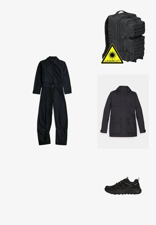 Zwarte waterdichte jas met een capuchon, twee borstzakken, verstelbare koordjes en een gladde, matte textuur. Beschikt over drukknopen bij de manchetten.; Zwarte jumpsuit met lange mouwen en kraag, ritssluiting aan de voorkant, verstelbare riem in de taille en ritsen nabij de onderkant van brede pijpen op een witte achtergrond.; Zwarte waterdichte sportschoen met een gestructureerde mesh bovenkant, rubberen zool, elastische veters en minimale reflecterende accenten voor zichtbaarheid.; Zwarte tactische rugzak met meerdere compartimenten, een gevoerde mesh rug en laser-gekapte accenten; inclusief versterkte ritsen en verstelbare banden.