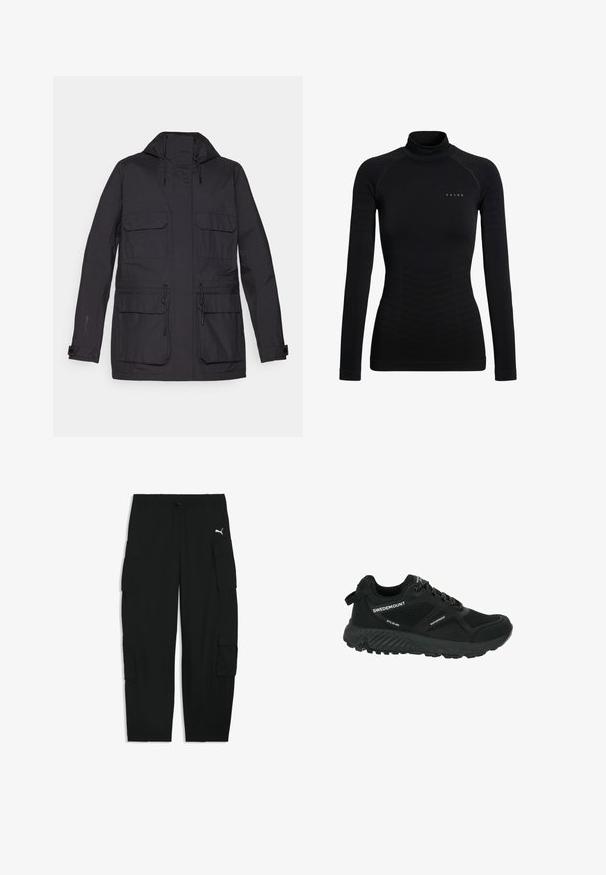 Zwarte waterdichte jas met een capuchon, twee borstzakken, verstelbare koordjes en een gladde, matte textuur. Beschikt over drukknopen bij de manchetten.; Zwart turtleneckshirt met lange mouwen gemaakt van rekbare stof. Heeft een nauwsluitend ontwerp met geribbelde accenten en een klein merklogo op de borst.; Zwarte cargobroek met elastische tailleband, trekkoord, zijflapzakken en een klein wit Puma-logo op de rechterdij.; Zwarte waterdichte wandelschoen met gaaspanelen, textuurzool, ronde neus en reflecterende veters. Voorzien van een logo en een trekband op de hiel.