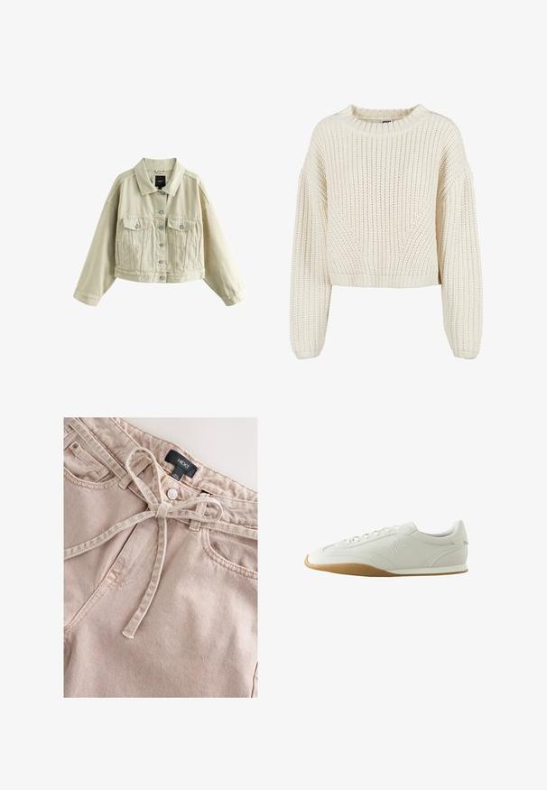 Veste en denim beige courte avec manches longues, fermeture boutonnée devant, deux poches poitrine à rabat et deux poches latérales fendues.; Pull en tricot crémeux avec un col rond, des manches larges, des poignets côtelés et un motif texturé. Design court.; Pantalon en denim rose clair avec une ceinture à nouer, doté d'un bouton à l'avant, de passants pour ceinture et de deux poches avant, présentant un tissu texturé.; Baskets basses blanches avec semelle en caoutchouc marron, détails de couture, fermeture à lacets à l'avant et logo brodé sur le côté.